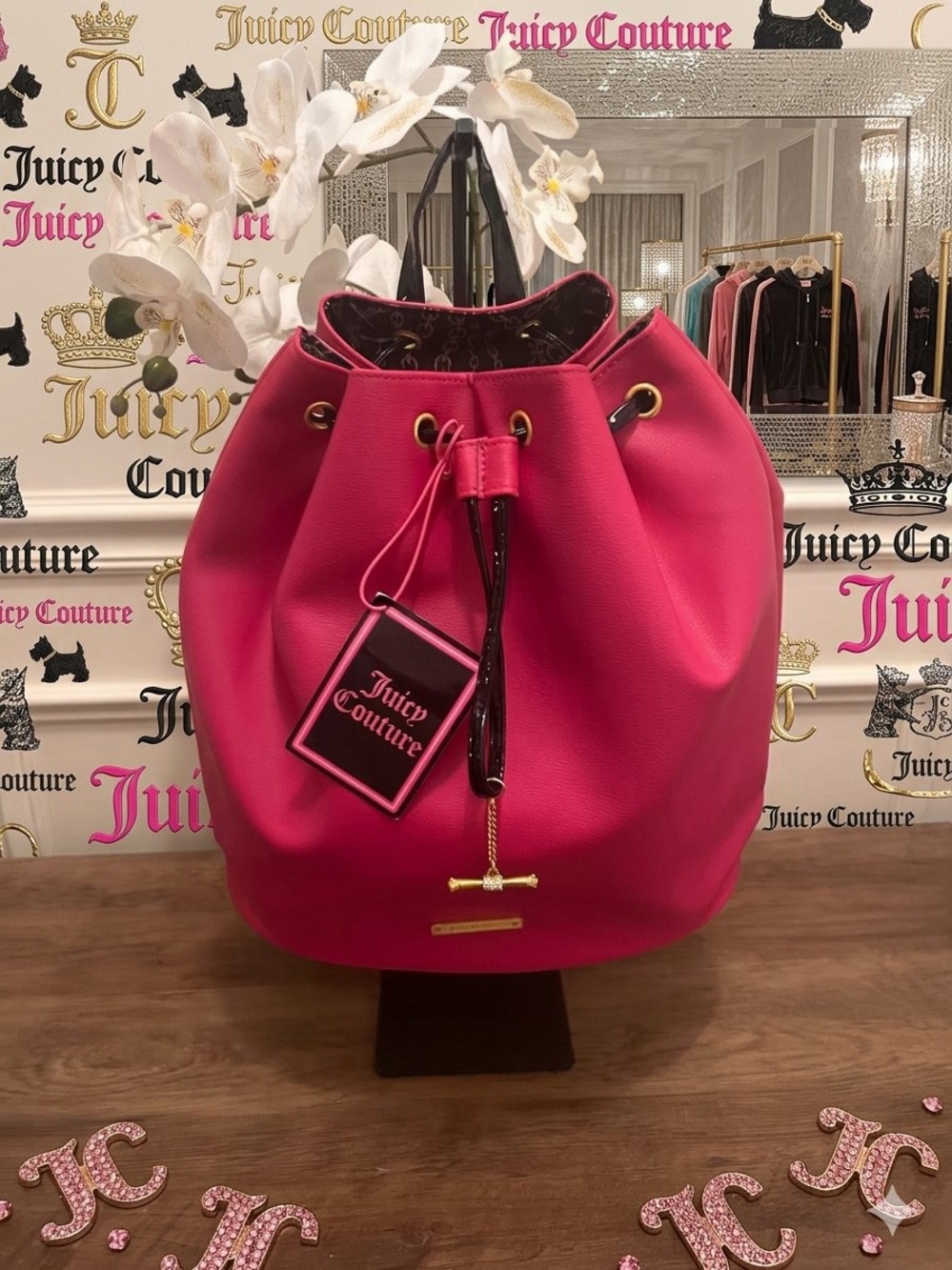 Juicy Couture Hot Pink Drawstring Bucket Bag with Gold Hardware